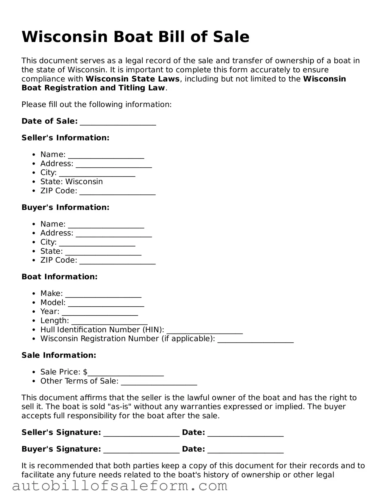 Free  Boat Bill of Sale Template for Wisconsin