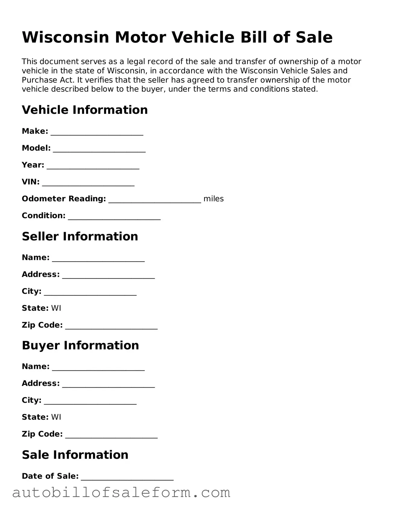 Free  Motor Vehicle Bill of Sale Template for Wisconsin