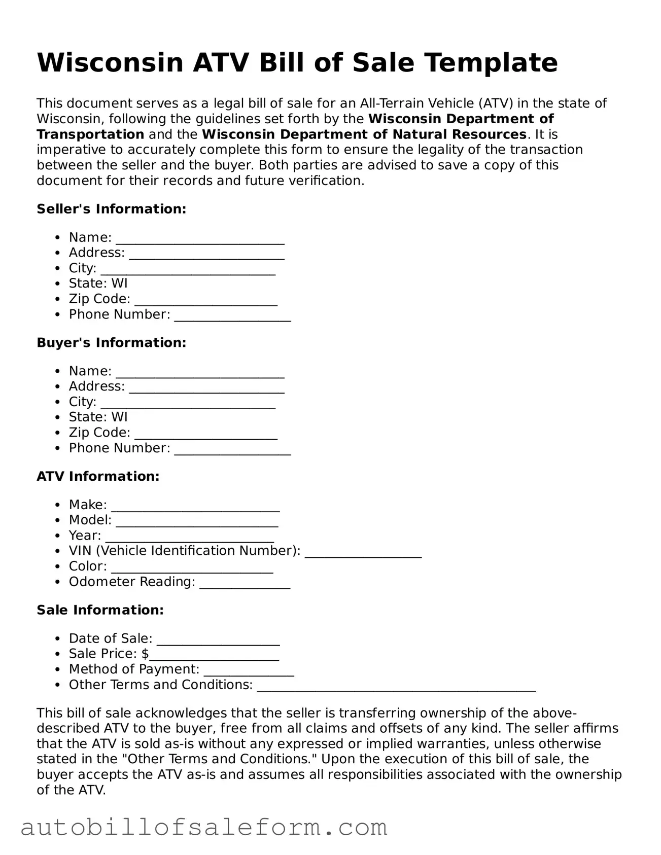 Free  ATV Bill of Sale Template for Wisconsin