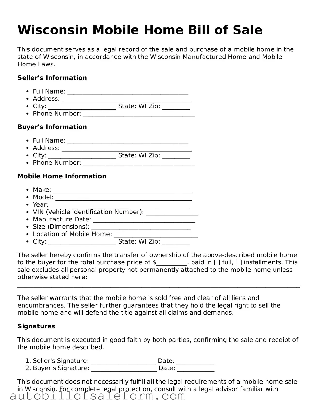 Free  Mobile Home Bill of Sale Template for Wisconsin