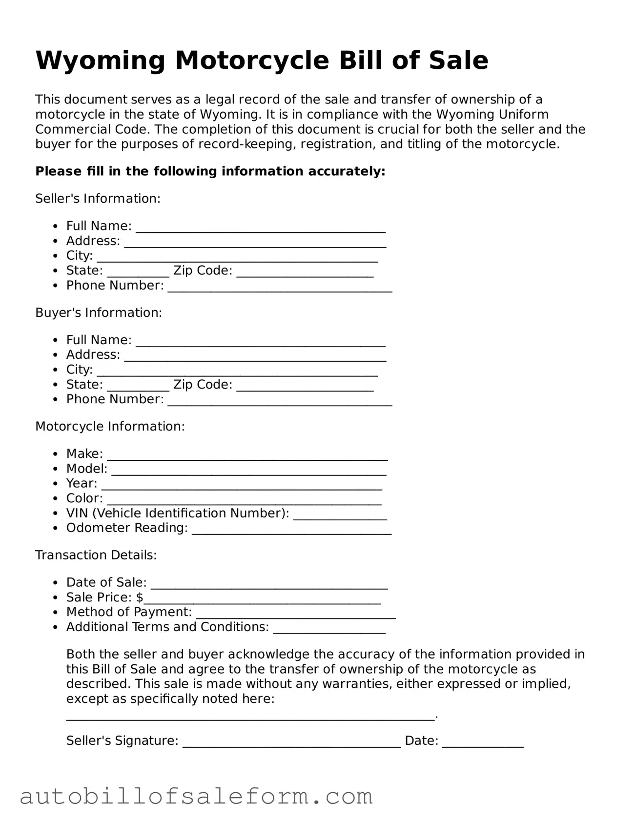 Free  Motorcycle Bill of Sale Template for Wyoming