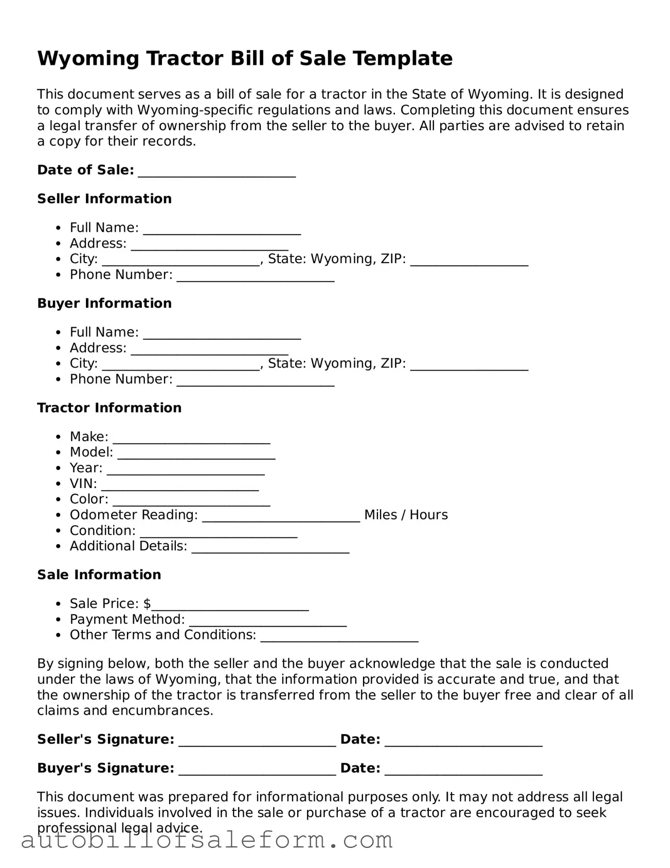 Free  Tractor Bill of Sale Template for Wyoming