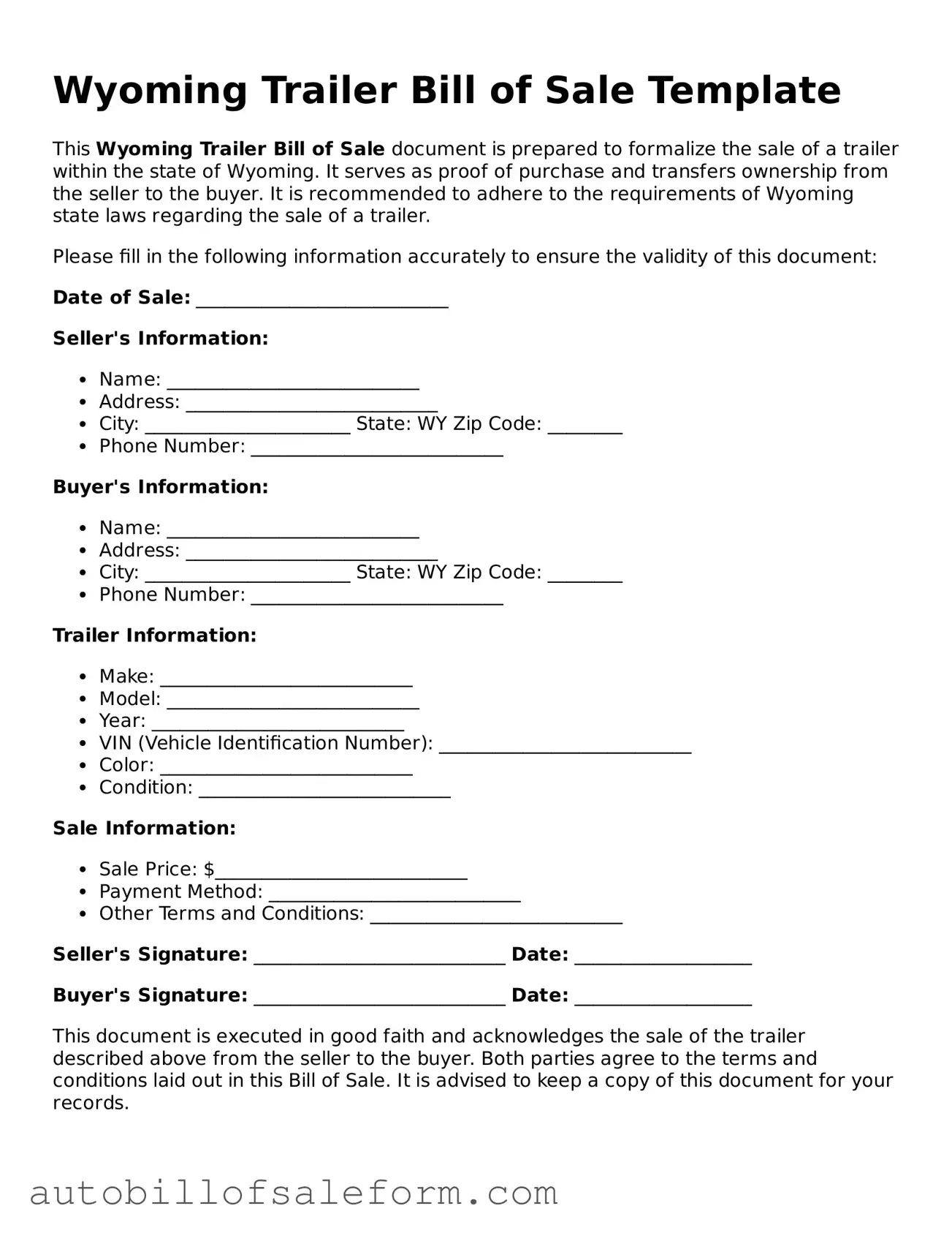 Free  Trailer Bill of Sale Template for Wyoming