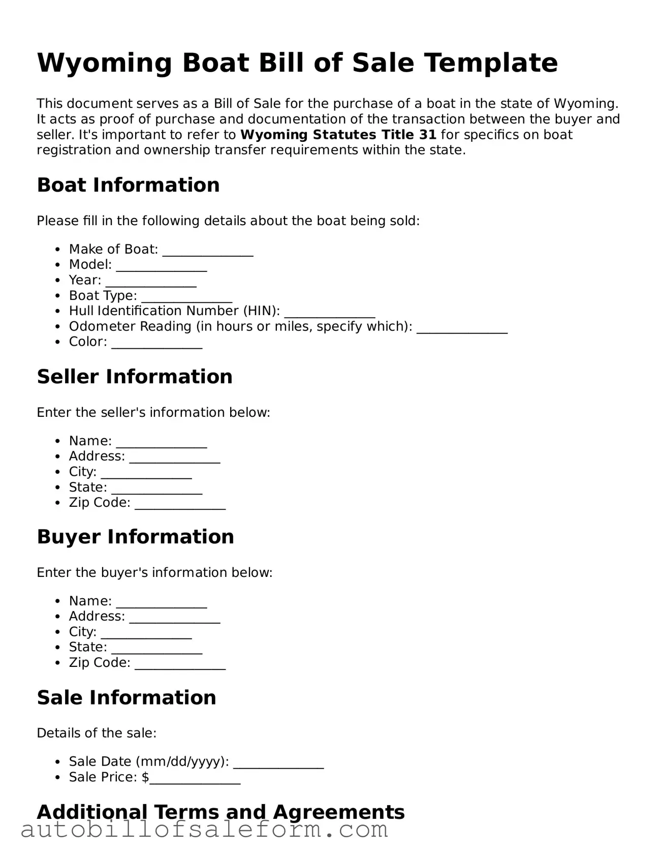 Free  Boat Bill of Sale Template for Wyoming