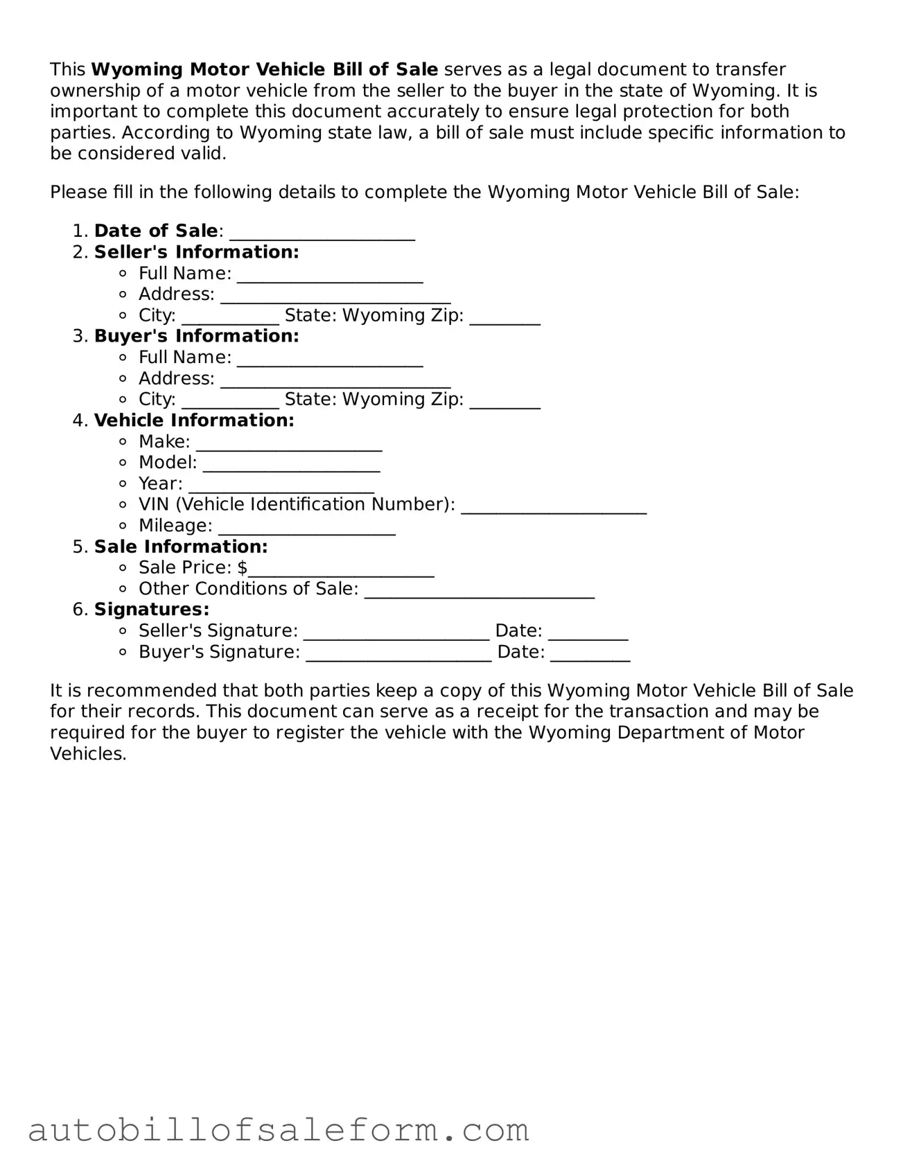 Free  Motor Vehicle Bill of Sale Template for Wyoming