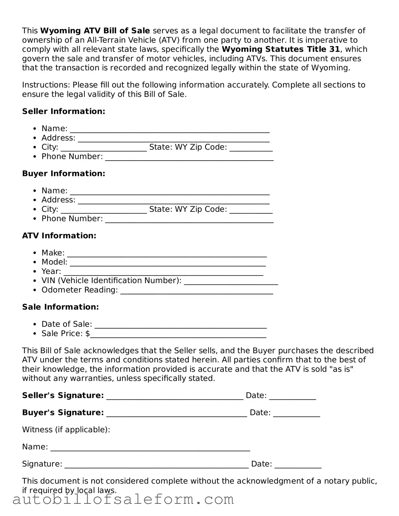 Free  ATV Bill of Sale Template for Wyoming