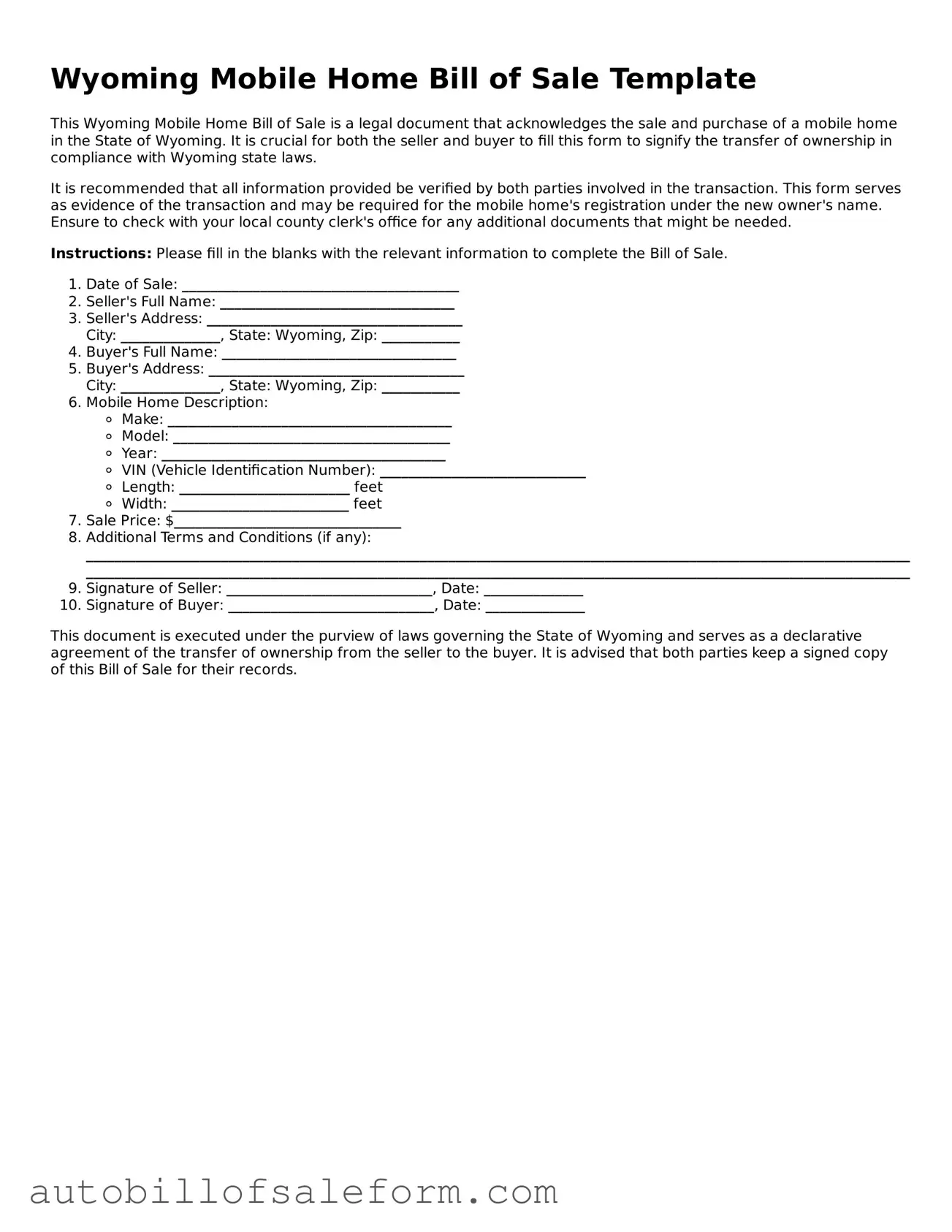 Free  Mobile Home Bill of Sale Template for Wyoming